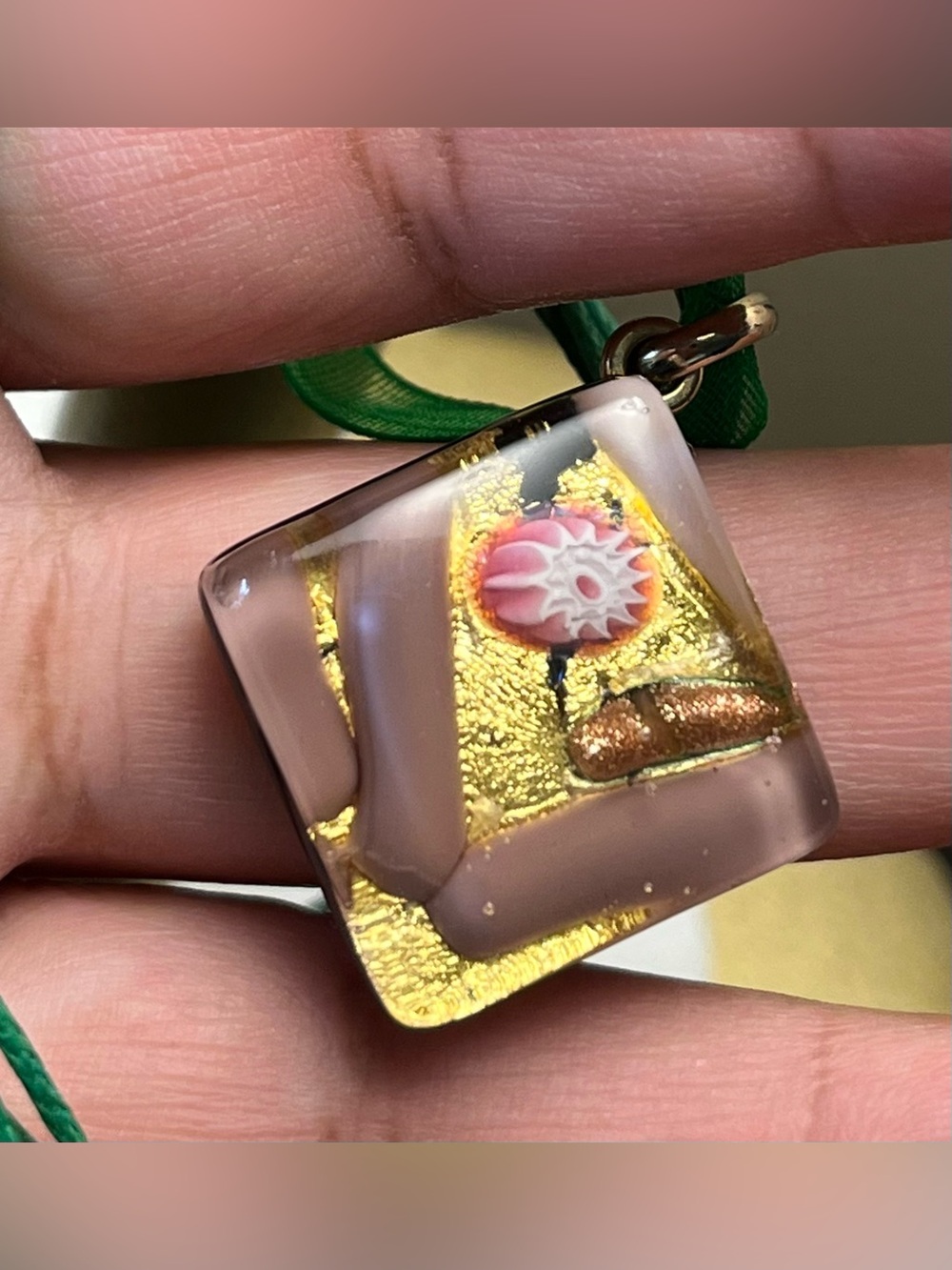 Murano Glass Pendant with Gold Leaf and Pink Floral Millefiori EUC - Picture 7 of 7